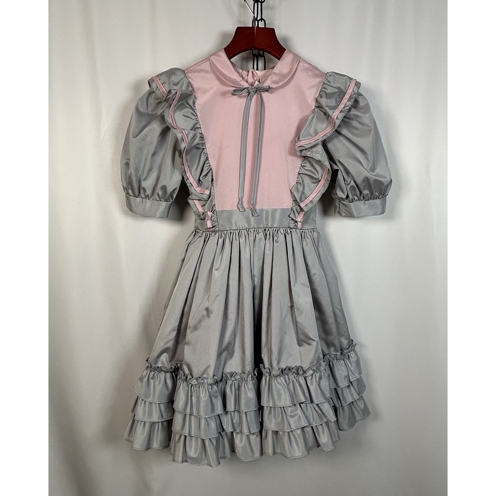 Vintage MARTHA'S MINIATURES Girl's Sz 8 Tiered Ruffle Pink & Gray Dress Pageant‎